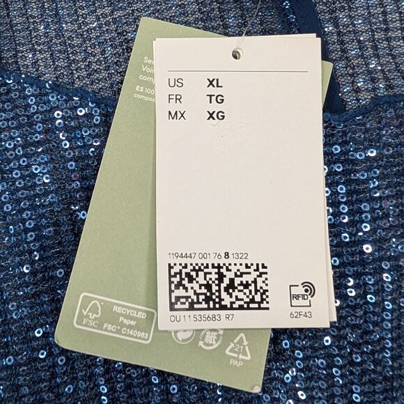 H&M Blue Sheer Sequin Long Sleeve Scoop Neck Mini Party Dress X-Large XL NWT - Picture 8 of 10